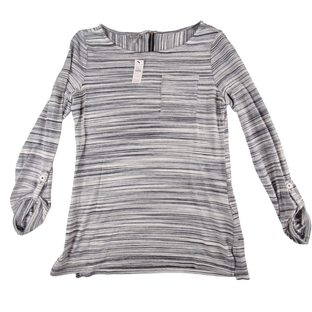 T By Talbots Gray Stripe Lightweight Roll Tab Long Sleeve Shirt Zip Detail S NWT